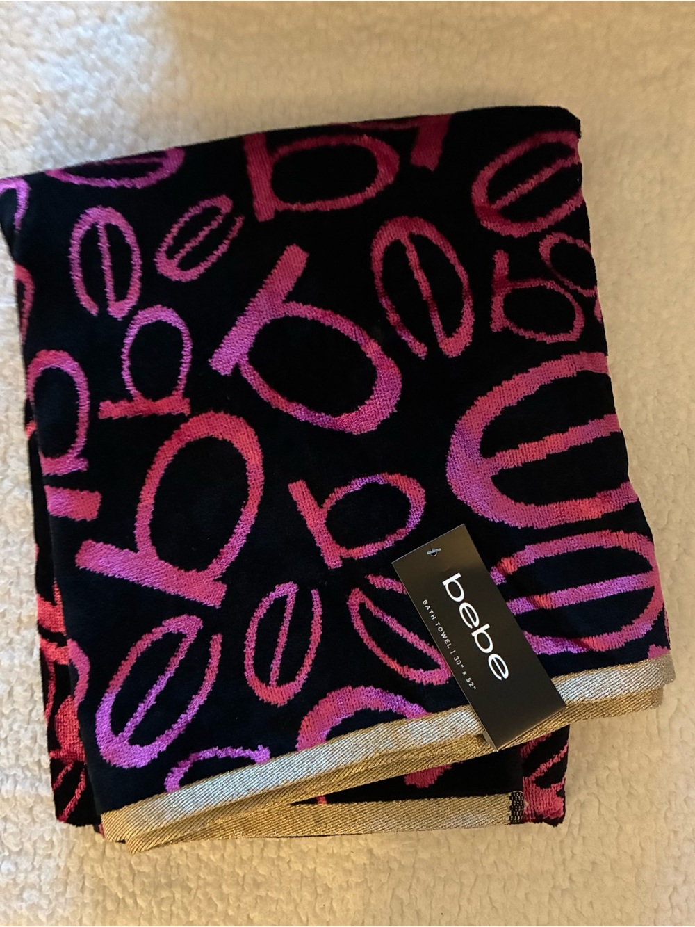 bebe Black Towel with Pink Logo Pattern and Gold Trim